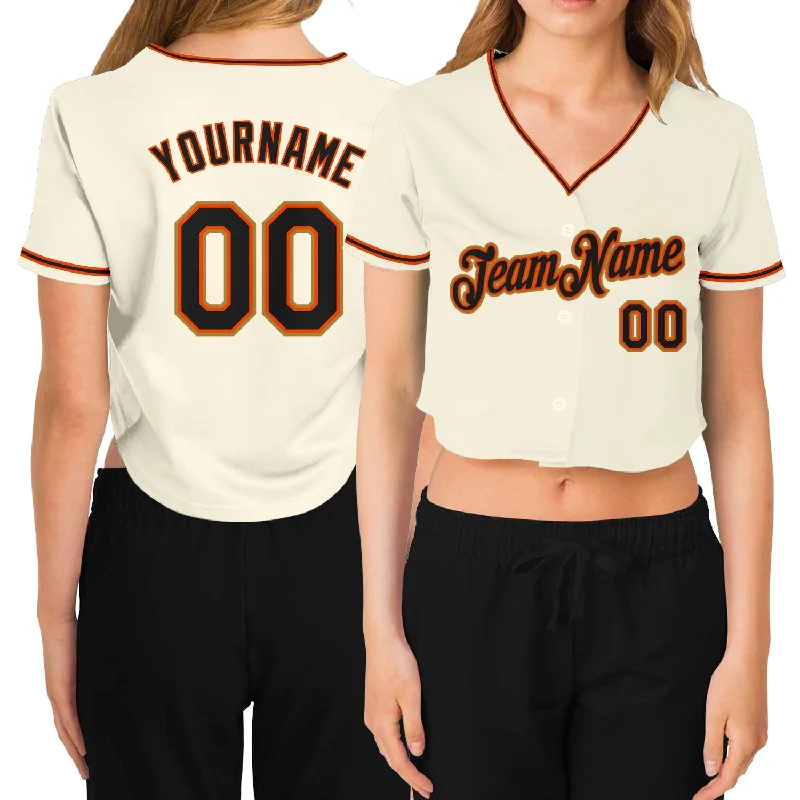 Baseball jerseys for summer leaguesCustom Women's Cream Black Orange-Old Gold V-Neck Cropped Baseball Jersey