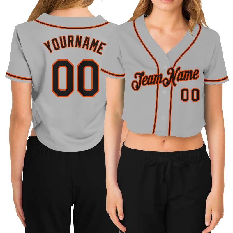 Softball team jerseys for womenCustom Women's Gray Black-Orange V-Neck Cropped Baseball Jersey