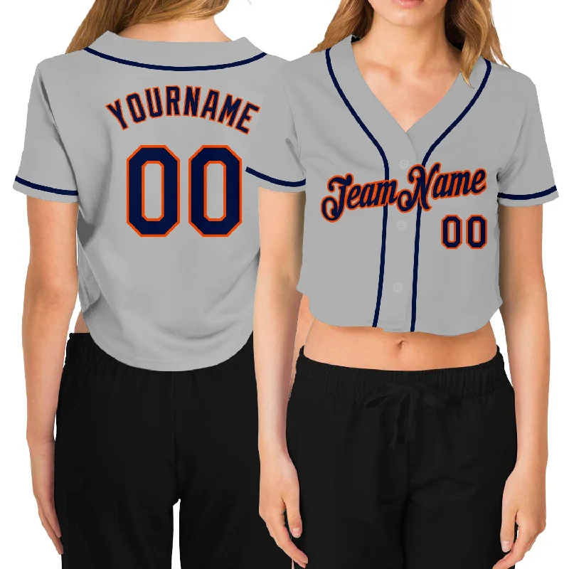 Softball team jerseys for womenCustom Women's Gray Navy-Orange V-Neck Cropped Baseball Jersey