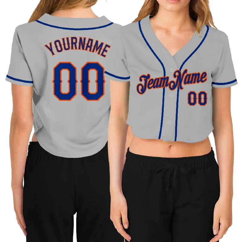 Customizable baseball jerseys with name and numberCustom Women's Gray Royal-Orange V-Neck Cropped Baseball Jersey