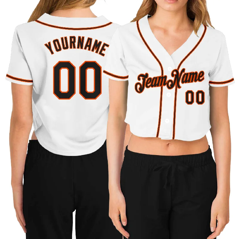 Softball team jerseys for womenCustom Women's White Black-Orange V-Neck Cropped Baseball Jersey