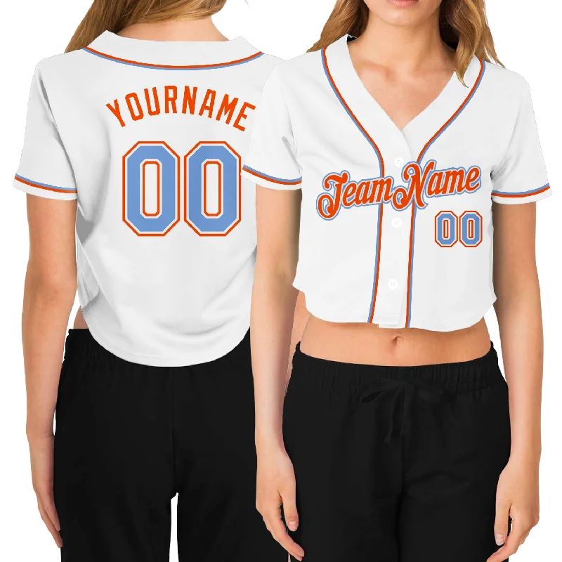 Customizable baseball jerseys with name and numberCustom Women's White Light Blue-Orange V-Neck Cropped Baseball Jersey