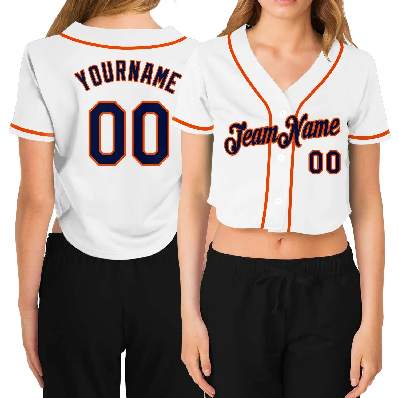 Comfortable baseball jerseys for warm weatherCustom Women's White Navy-Orange V-Neck Cropped Baseball Jersey