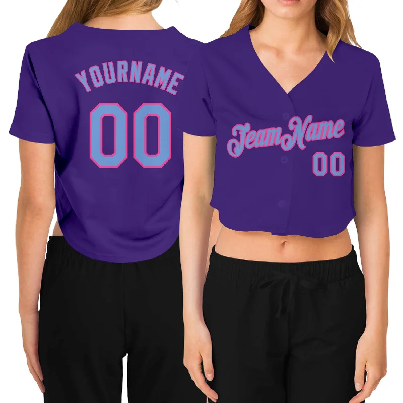 Personalized baseball jerseys for menCustom Women's Purple Light Blue-Pink V-Neck Cropped Baseball Jersey