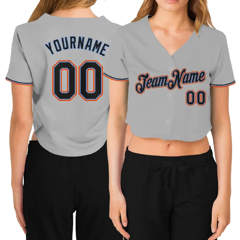 Baseball jerseys for youth athletesCustom Women's Gray Black Powder Blue-Orange V-Neck Cropped Baseball Jersey