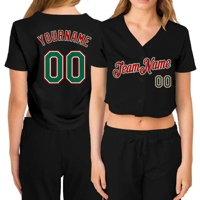 Youth baseball jerseys for boysCustom Women's Black Kelly Green Red-White V-Neck Cropped Baseball Jersey