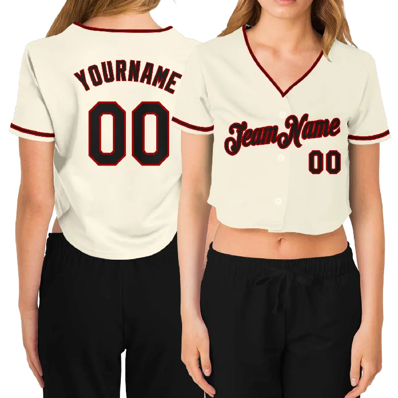 Customizable baseball jerseys with name and numberCustom Women's Cream Black-Red V-Neck Cropped Baseball Jersey