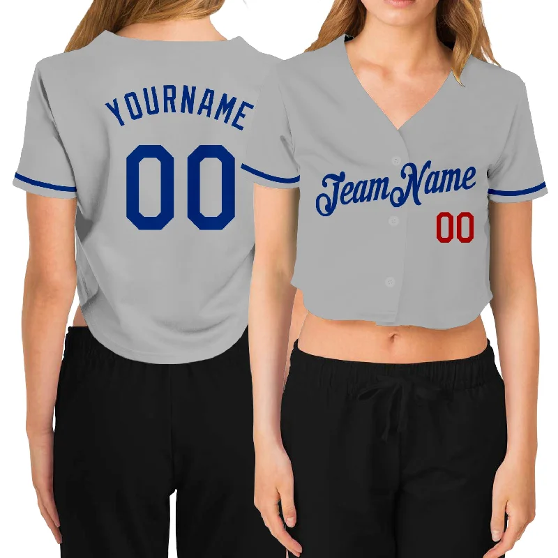 Baseball jerseys for youth athletesCustom Women's Gray Royal-Red V-Neck Cropped Baseball Jersey