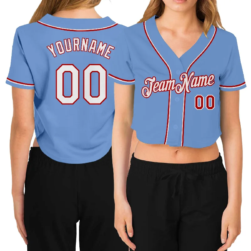 Comfortable baseball jerseys for warm weatherCustom Women's Light Blue White-Red V-Neck Cropped Baseball Jersey