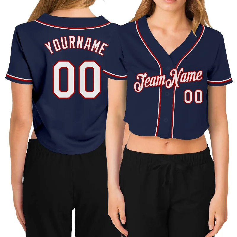 Softball team jerseys for womenCustom Women's Navy White-Red V-Neck Cropped Baseball Jersey