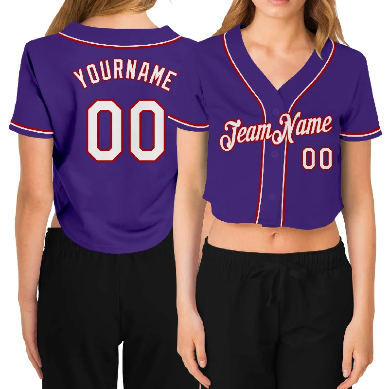 Baseball jerseys for summer leaguesCustom Women's Purple White-Red V-Neck Cropped Baseball Jersey