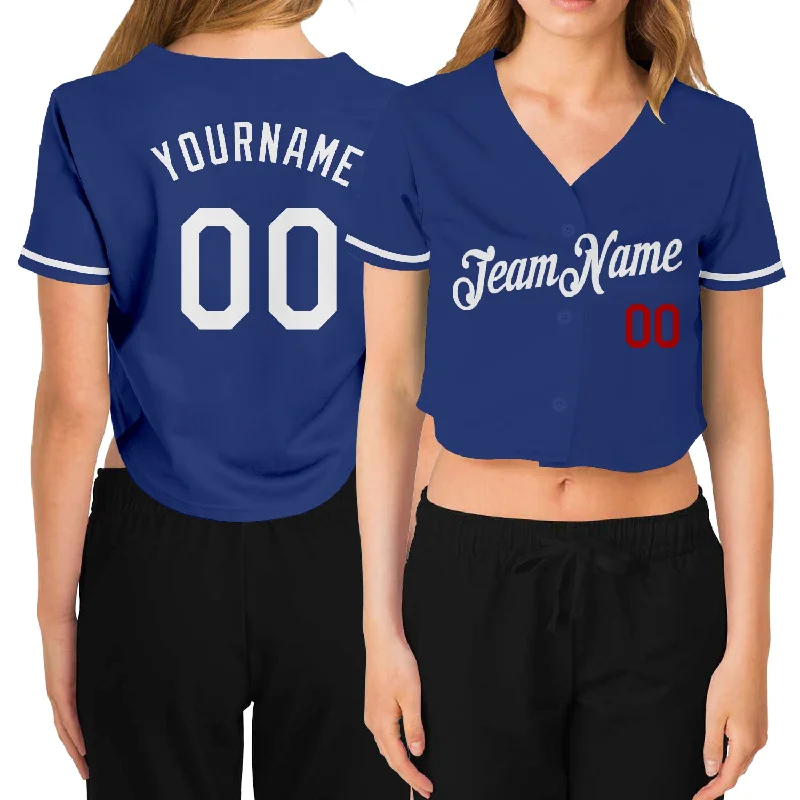 Customizable baseball jerseys with name and numberCustom Women's Royal White-Red V-Neck Cropped Baseball Jersey