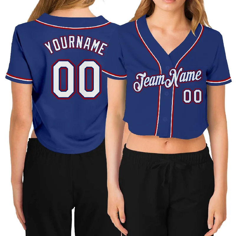 Baseball jerseys for youth athletesCustom Women's Royal White-Red V-Neck Cropped Baseball Jersey