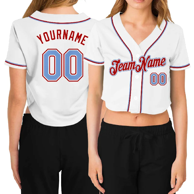 Softball team jerseys for womenCustom Women's White Light Blue-Red V-Neck Cropped Baseball Jersey