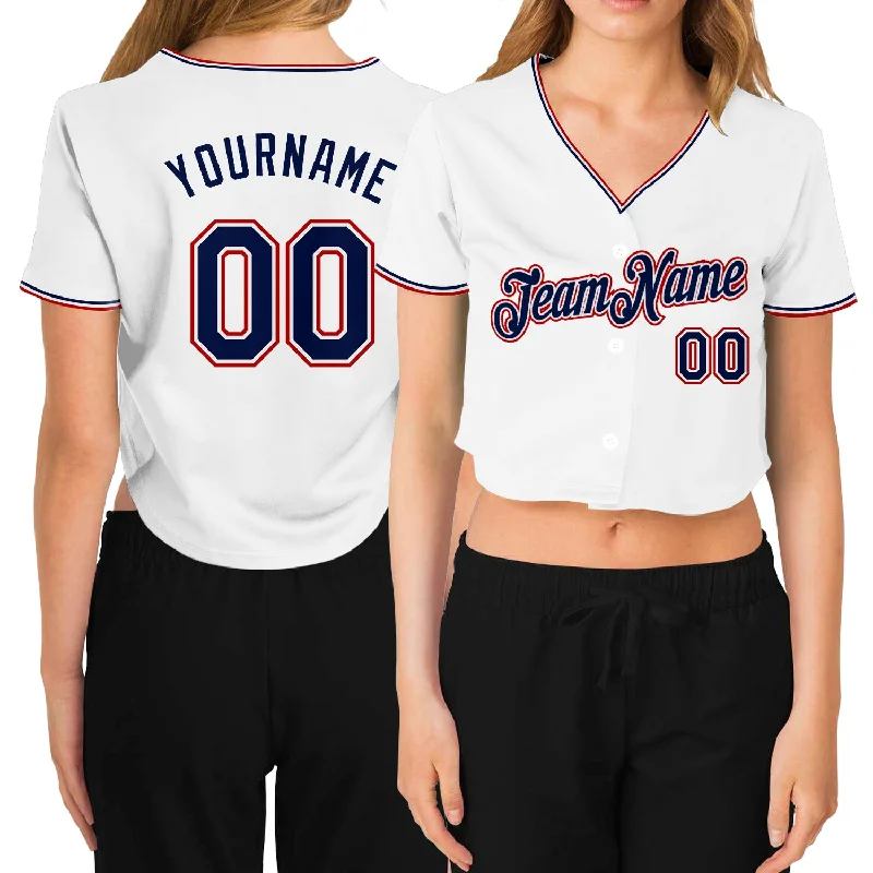 Youth baseball jerseys for boysCustom Women's White Navy-Red V-Neck Cropped Baseball Jersey