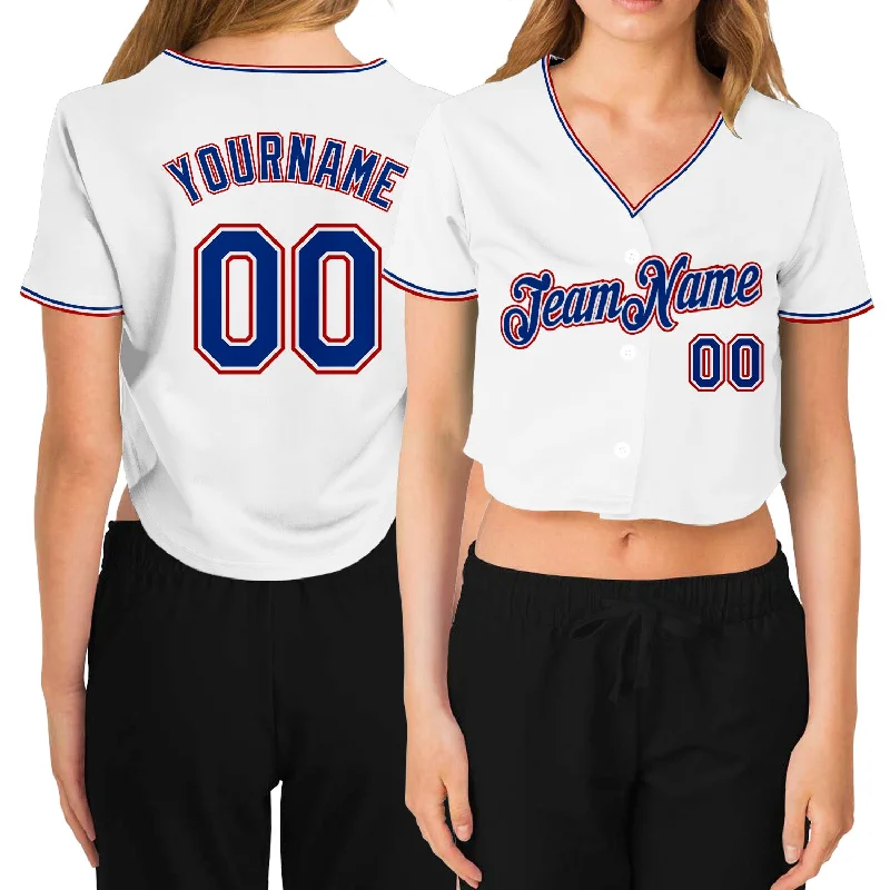 Youth baseball jerseys for boysCustom Women's White Royal-Red V-Neck Cropped Baseball Jersey