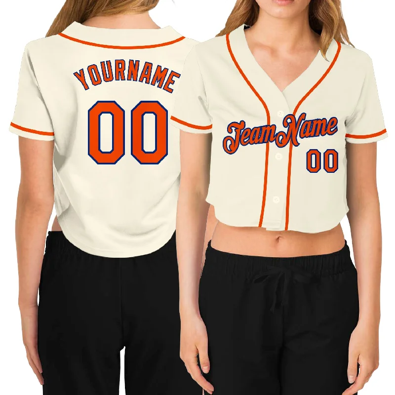 Baseball jerseys for youth athletesCustom Women's Cream Orange-Royal V-Neck Cropped Baseball Jersey