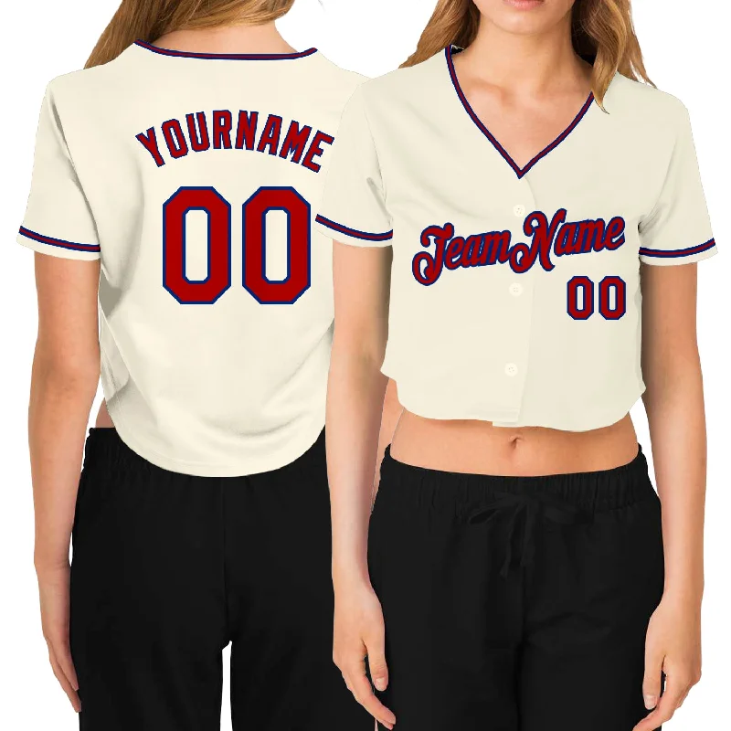 Youth baseball jerseys for boysCustom Women's Cream Red-Royal V-Neck Cropped Baseball Jersey