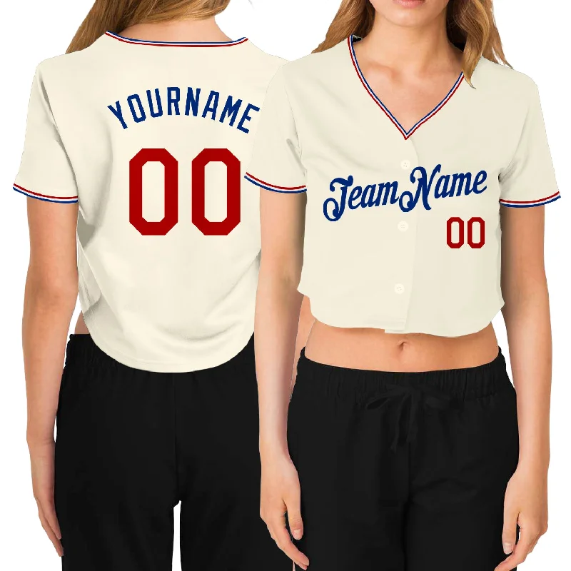 Comfortable baseball jerseys for warm weatherCustom Women's Cream Red-Royal V-Neck Cropped Baseball Jersey