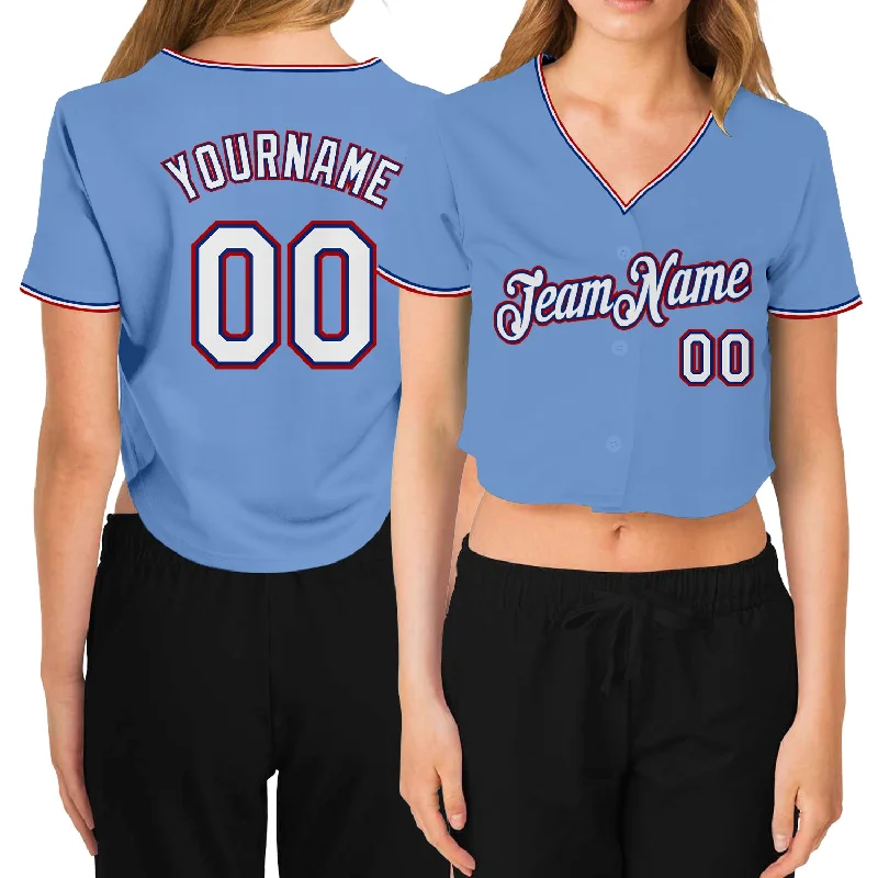 Comfortable baseball jerseys for warm weatherCustom Women's Light Blue White Royal-Red V-Neck Cropped Baseball Jersey