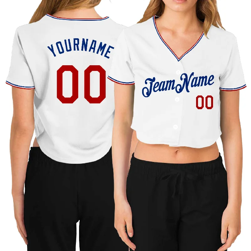 Customizable baseball jerseys with name and numberCustom Women's White Red-Royal V-Neck Cropped Baseball Jersey