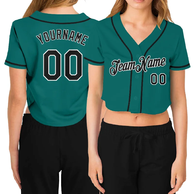 Baseball jerseys for summer leaguesCustom Women's Aqua Black-White V-Neck Cropped Baseball Jersey