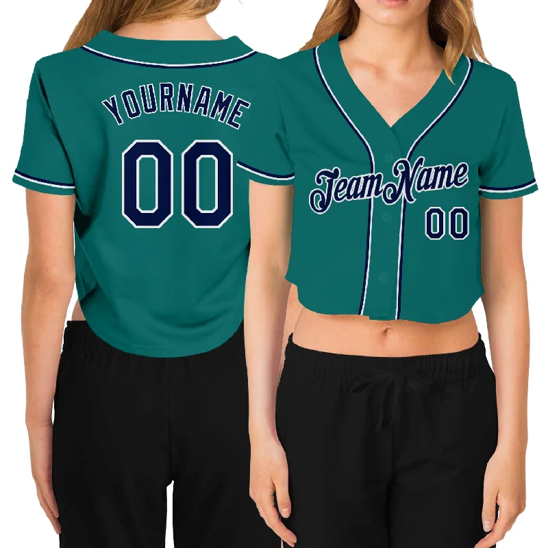 Softball team jerseys for womenCustom Women's Aqua Navy-White V-Neck Cropped Baseball Jersey