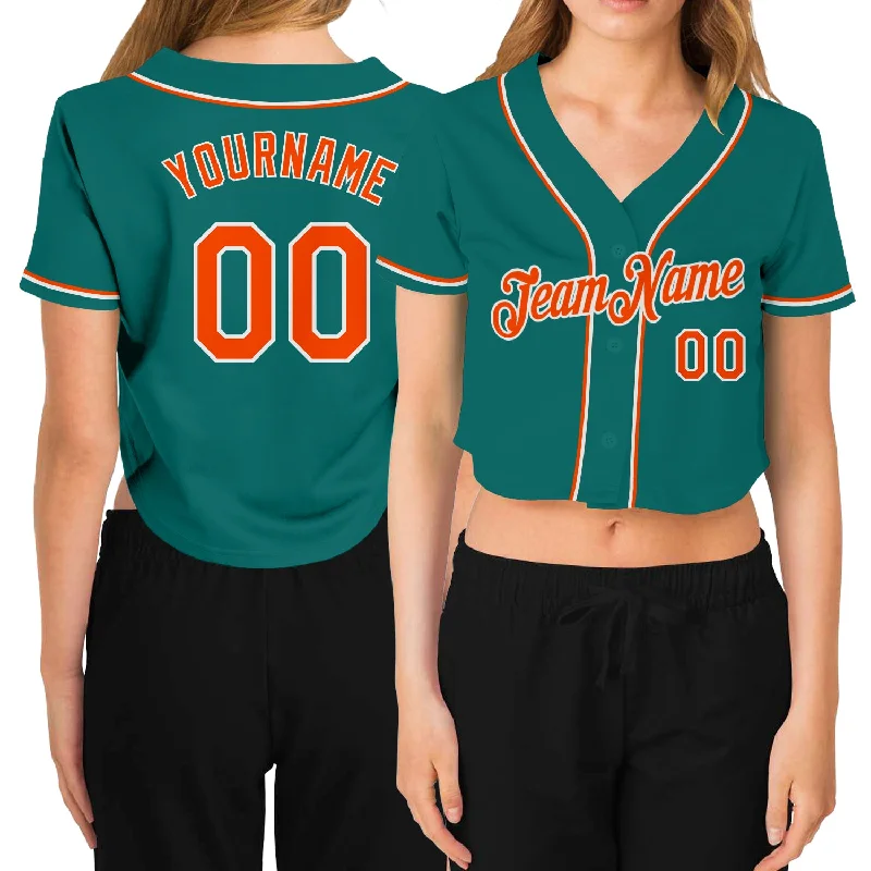 Baseball jerseys for summer leaguesCustom Women's Aqua Orange-White V-Neck Cropped Baseball Jersey