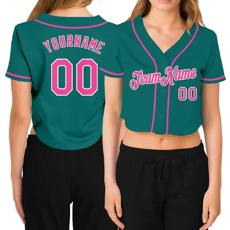 Personalized baseball jerseys for menCustom Women's Aqua Pink-White V-Neck Cropped Baseball Jersey