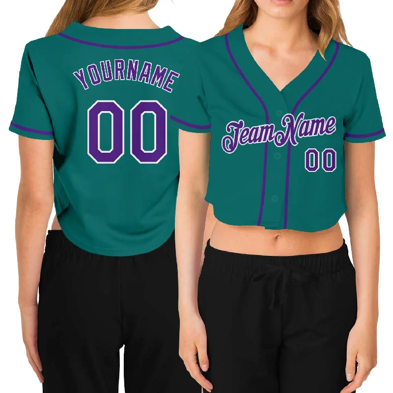 Youth baseball jerseys for boysCustom Women's Aqua Purple-White V-Neck Cropped Baseball Jersey