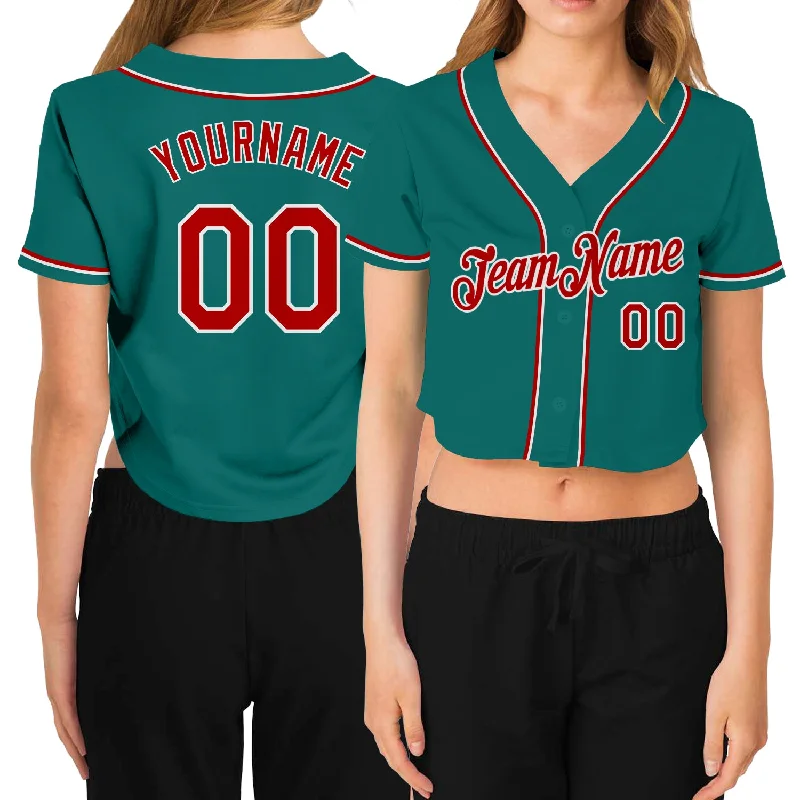 Custom baseball jerseys for teamsCustom Women's Aqua Red-White V-Neck Cropped Baseball Jersey