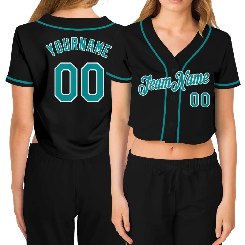 Youth baseball jerseys for boysCustom Women's Black Aqua-White V-Neck Cropped Baseball Jersey