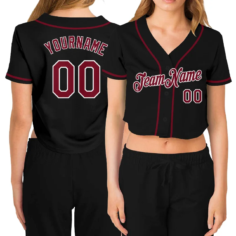 Custom baseball jerseys for teamsCustom Women's Black Crimson-White V-Neck Cropped Baseball Jersey