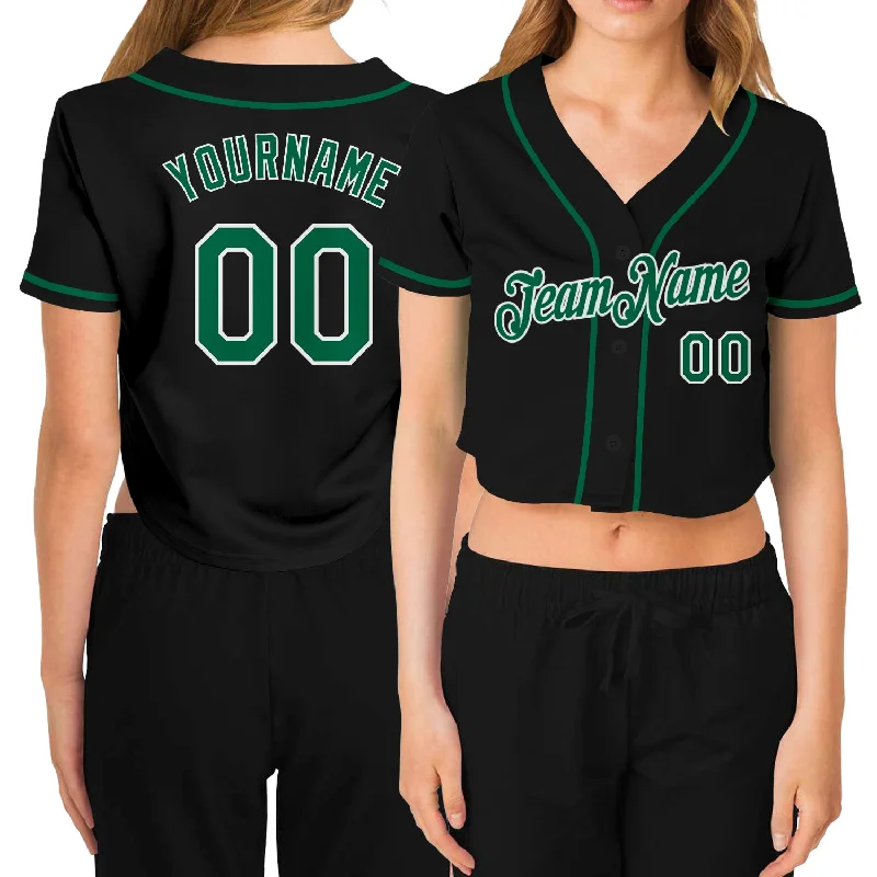 Softball team jerseys for womenCustom Women's Black Kelly Green-White V-Neck Cropped Baseball Jersey