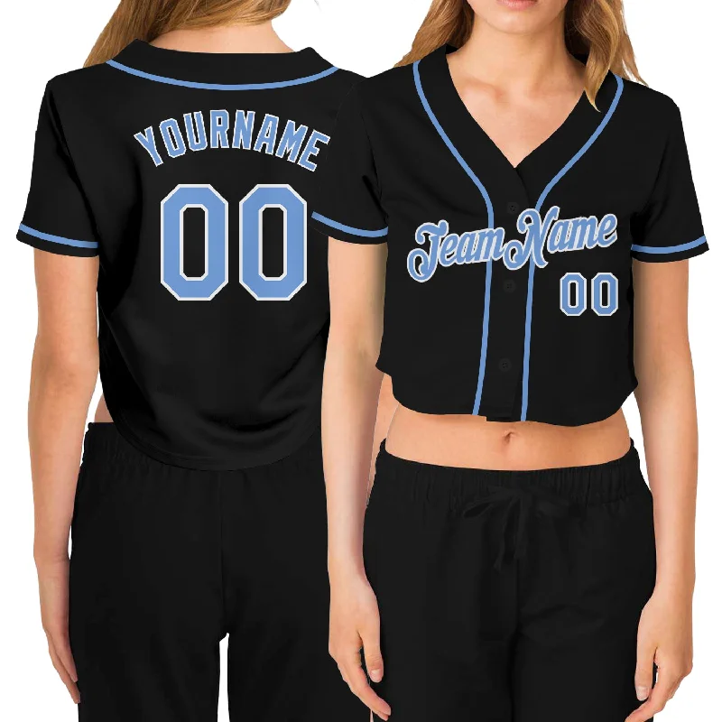 Customizable baseball jerseys with name and numberCustom Women's Black Light Blue-White V-Neck Cropped Baseball Jersey