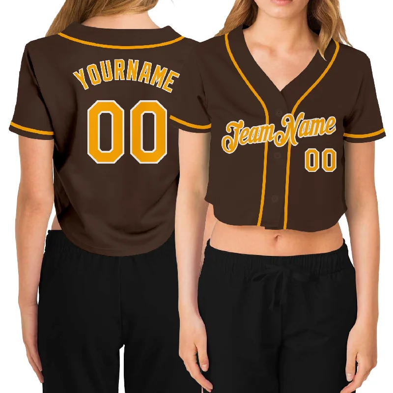 Vintage baseball jerseys for collectorsCustom Women's Brown Gold-White V-Neck Cropped Baseball Jersey