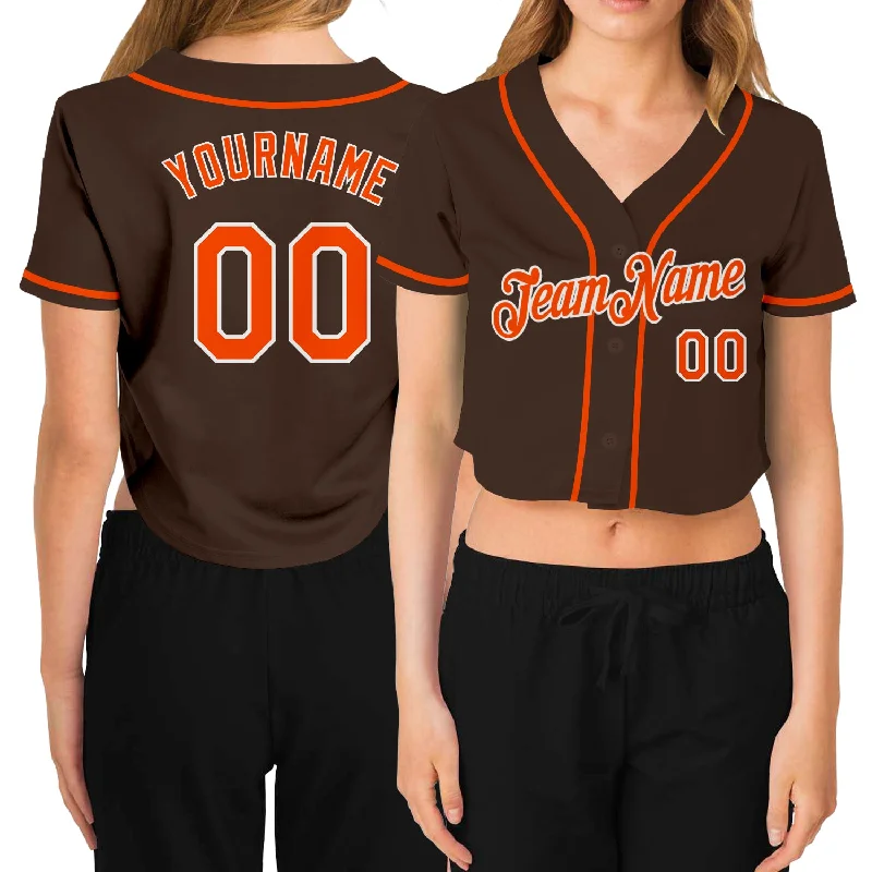 Custom baseball jerseys for teamsCustom Women's Brown Orange-White V-Neck Cropped Baseball Jersey