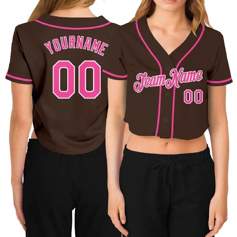 Youth baseball jerseys for boysCustom Women's Brown Pink-White V-Neck Cropped Baseball Jersey