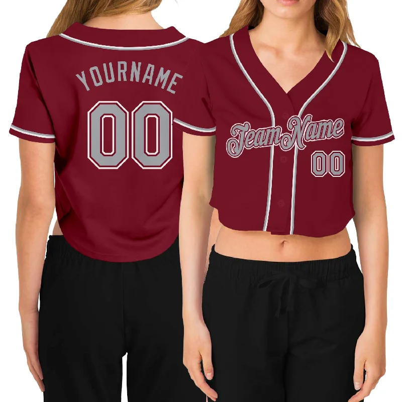 Premium quality baseball jerseys for adultsCustom Women's Crimson Gray-White V-Neck Cropped Baseball Jersey