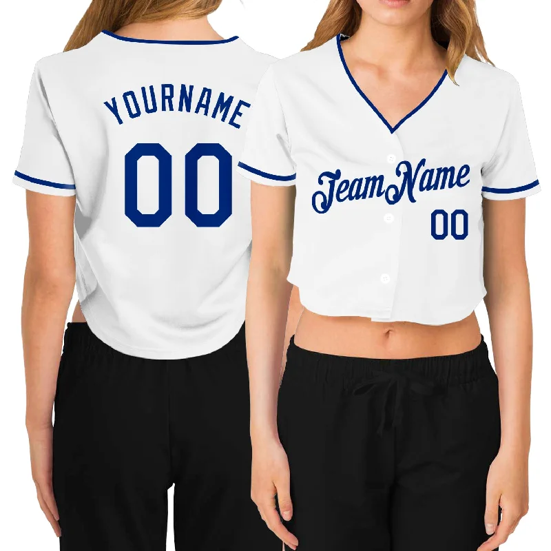 Comfortable baseball jerseys for warm weatherCustom Women's White Royal V-Neck Cropped Baseball Jersey