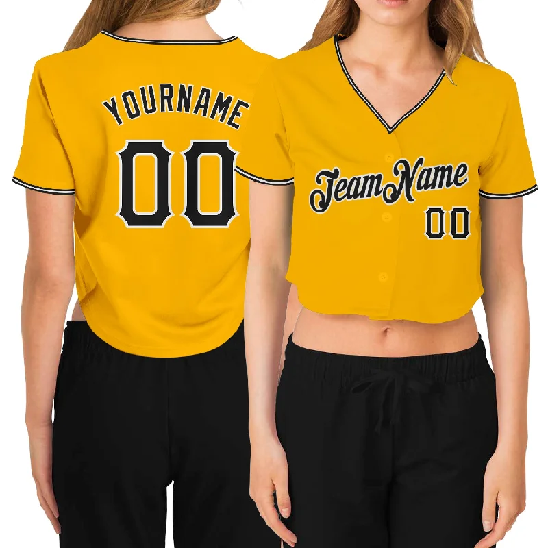 Vintage baseball jerseys for collectorsCustom Women's Gold Black-White V-Neck Cropped Baseball Jersey