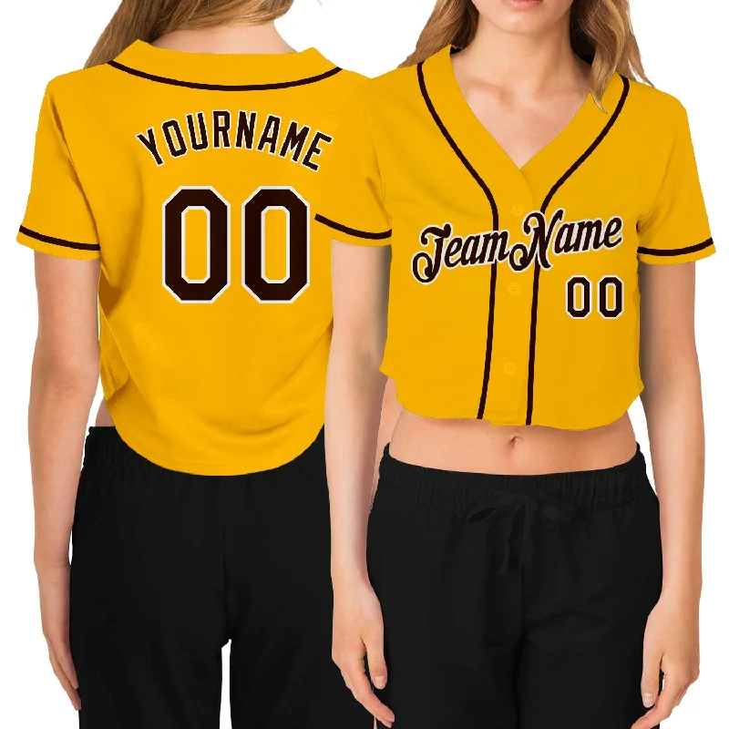 Vintage baseball jerseys for collectorsCustom Women's Gold Brown-White V-Neck Cropped Baseball Jersey