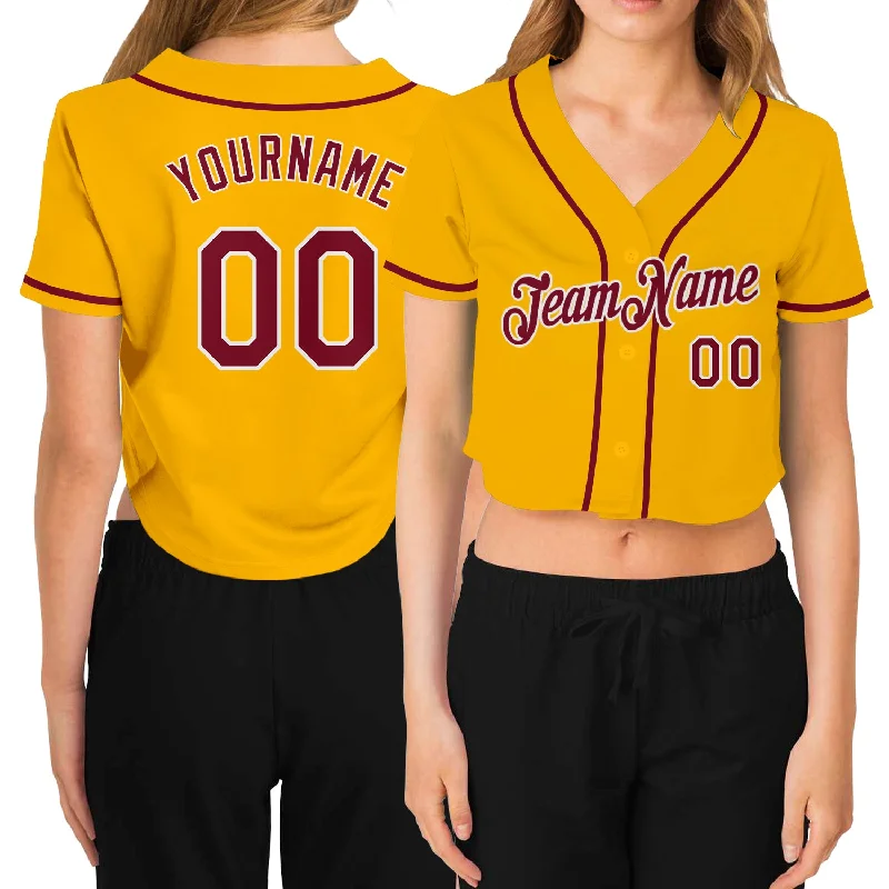 Vintage baseball jerseys for collectorsCustom Women's Gold Crimson-White V-Neck Cropped Baseball Jersey