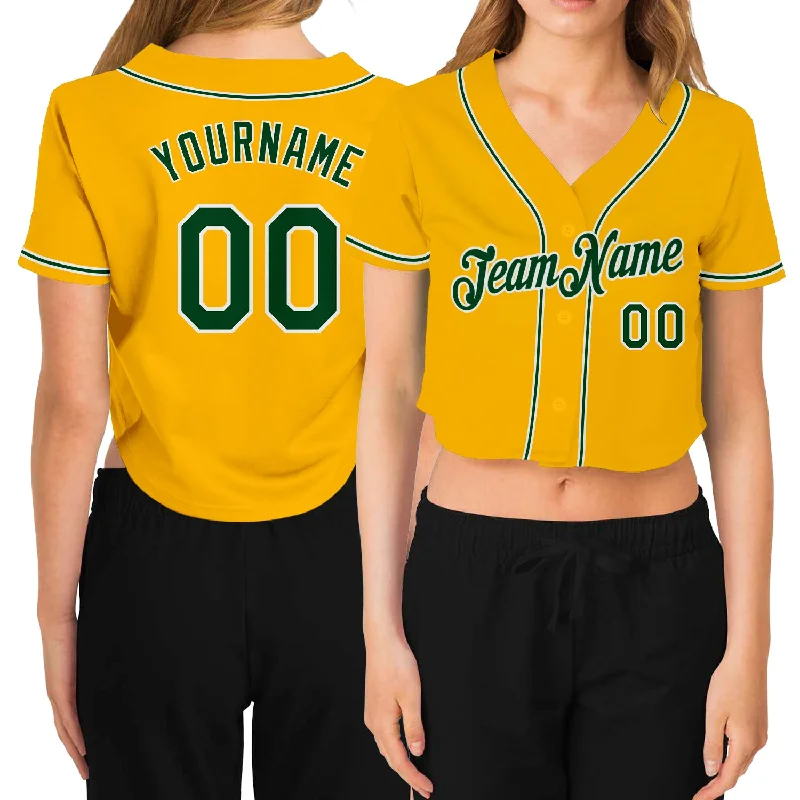 Youth baseball jerseys for boysCustom Women's Gold Green-White V-Neck Cropped Baseball Jersey