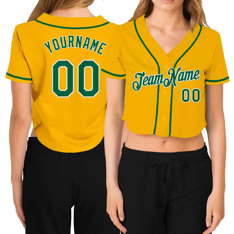 Customizable baseball jerseys with name and numberCustom Women's Gold Kelly Green-White V-Neck Cropped Baseball Jersey