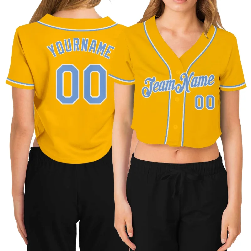 Premium quality baseball jerseys for adultsCustom Women's Gold Light Blue-White V-Neck Cropped Baseball Jersey