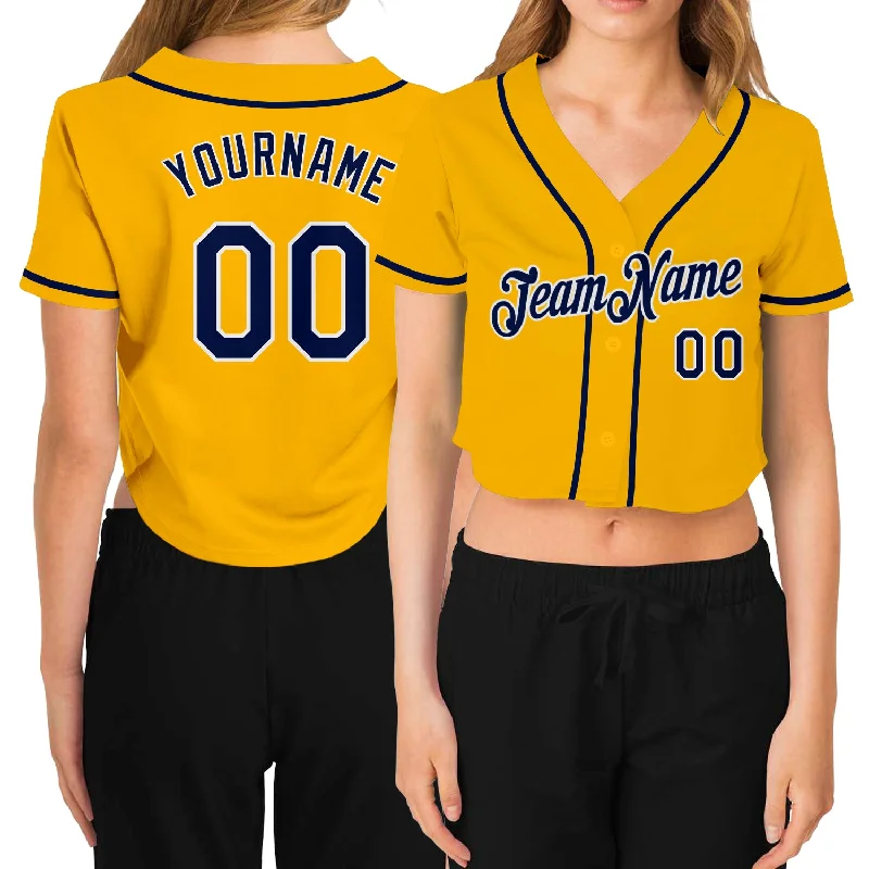 Baseball jerseys for youth athletesCustom Women's Gold Navy-White V-Neck Cropped Baseball Jersey