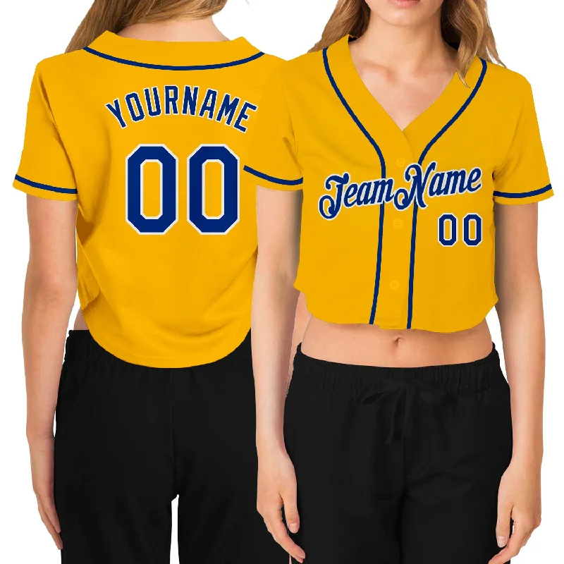 Customizable baseball jerseys with name and numberCustom Women's Gold Royal-White V-Neck Cropped Baseball Jersey