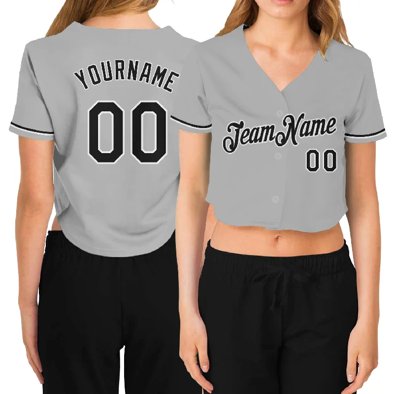 Softball team jerseys for womenCustom Women's Gray Black-White V-Neck Cropped Baseball Jersey