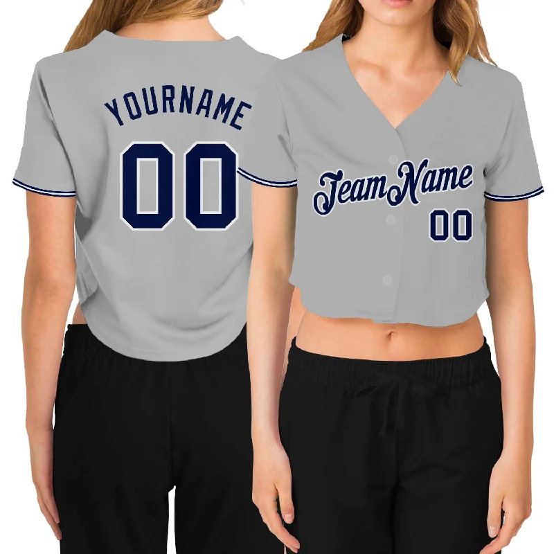 Customizable baseball jerseys with name and numberCustom Women's Gray Navy-White V-Neck Cropped Baseball Jersey